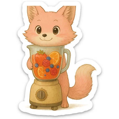 Regenerate as a visually clear, full-body Ghibli-style pastel pink blender fox. Show the entire fox from head to toe, including all four paws and the full blender base. Keep the high-quality, detailed, joyful look, with a transparent body filled with vibrant fruity smoothie, sparkling expressive eyes, and a sweet, joyful expression. Transparent background. sticker