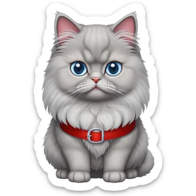 gray Persian cat full body sitting with blue eyes and red belt sticker