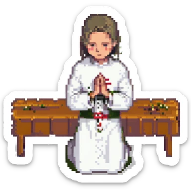 An altar server kneeling, with hands clasped in prayer sticker