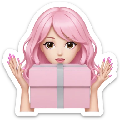 3. “Wig Delivery Day” Emoji Icon  A pastel pink LayLab HD wig box being held by dark brown hands with long pink nails. Box sparkles with excitement. Feminine & luxe. sticker