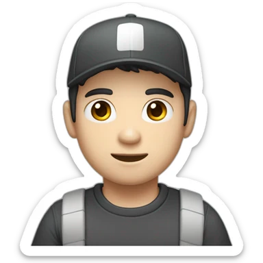 Pale skinned Man with black hair in a white cap and dark gray polo T-shirt keeping a box into his hands sticker