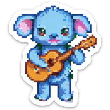 Stitch from Lilo & Stitch, pixel art style, holding a ukulele, cheerful, small size sticker