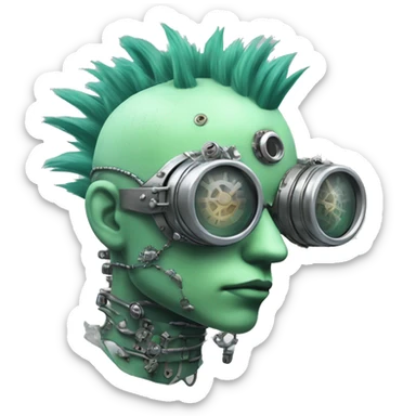 Pastel green Mohawk cyborg head with silver steampunk goggles sticker