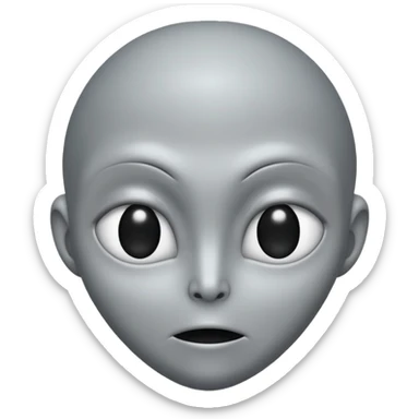 Grey alien head, black almond-shaped slanted eyes, pale grey skin, cartoon emoji, no background sticker