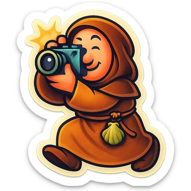 medieval pilgrim snapping a picture, exaggerated features, playful, retro stickers style sticker