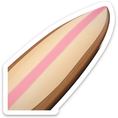 A single wooden rip curl surfboard that looks like an emoji with two mini light pink stripes down the middle of the board, longboard style sticker