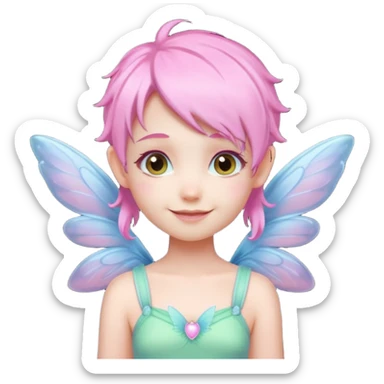 A tiny pastel fairy with pink hair with glowing wings and a sweet smile  sticker