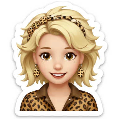 Une fille blonde et joyeuse. Elle porte une coiffure rock et originale avec 3 pinces pour cheveux  léopard et motif peau de vache. sticker