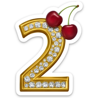 the number "2" in gold and diamond with a double cherry hanging on the number sticker