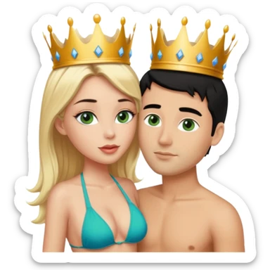 Blonde Queen with crownGreen eyes in Bikini kissing Male subject without crown black hair blue eyes sticker