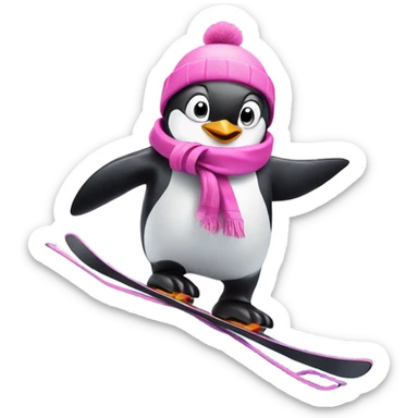 Penguin in pink skiing down snowy mountain  sticker