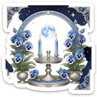 A mystical scene where deep blue and light blue pansies bloom under a silver crescent moon, casting an ethereal glow across the enchanted garden. A round, pearl-colored candle flickers atop an ornate silver stand, its wax melting into swirling patterns resembling planetary orbits. Surrounding it, a set of celestial tarot cards—The Moon, The Star, and The High Priestess—are carefully placed, their intricate silver engravings shimmering with divinatory power. The background sky is adorned with floating zodiac constellations, softly pulsing as if alive, while a trail of stardust leads to a glowing cosmic portal that opens into a swirling galaxy. sticker