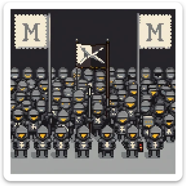 crowd of black knights with a black flag with letter M sticker