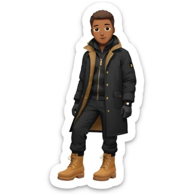 Handsome Black grown man with brown skin tone, wearing black joggers, a black weather coat, and buckwheat timberland boots, and black gloves sticker