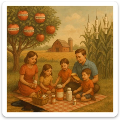 serene farm scene with apple trees bearing apples labeled as antidepressants, corn stalks with syringe-shaped cobs, soil that appears to bleed oil, a family picnics in the foreground unaware as their food slowly morphs into pharmaceutical bottles, peaceful but subtly unsettling mood sticker