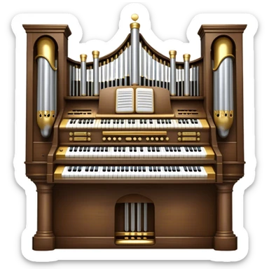 Create an elegant and majestic emoji representing a classical church organ. The emoji should feature the grand pipes of the organ in the background, with visible details of the keys and pedalboard in the foreground. The pipes should be tall and impressive, with a mixture of gold, silver, and metallic shades to emphasize the grandeur of the instrument. The keyboard and pedals should be well-defined, capturing the intricate craftsmanship of the organ. Use dark wood tones and gold accents for the body of the instrument to give it a rich, historic feel. Add subtle musical notes around the organ to evoke its deep, resonant sound. The background should be transparent. sticker