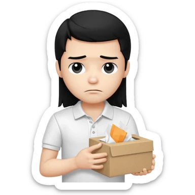 generate a pretty bratz boy with long black hair, wearing a white polo shirt. Looking sad, holding a box of tissues sticker