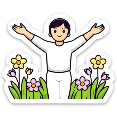A joyful person with arms spread wide, surrounded by spring flowers and sunshine sticker
