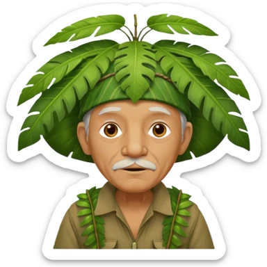 a old man with jungle wearing a large leaf headgear bye  sticker