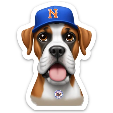 Boxer dog wearing New York Mets hat sticker