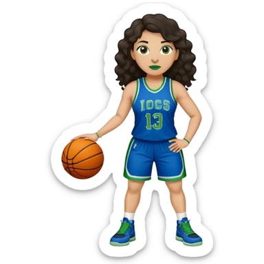 full body plus size light skin latino women basketball player with wavy dark hair large nose wearing blue and green uniform sticker