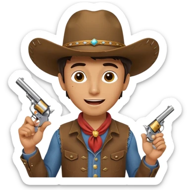 A young cowboy with oversized boots, excited expression, and a tiny toy revolver.
 sticker