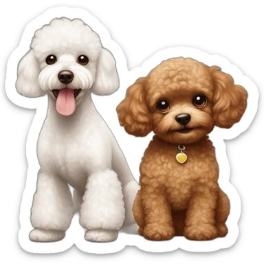 Happy Brown toy poodle with teddy bear haircut next to an all white Maltese sticker