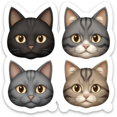 gatto nero con muso zona naso bianco (ricorda la maschera di batman), gatto siberiano grigio e beige mescolato, gatto grigio chiaro con qualche striatura grigio scura, gatto marrone con macchie beige sticker