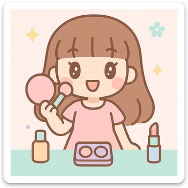 girl with brown hair in a hime cut, wearing a light pink dress, doing makeup, cute and expressive sticker