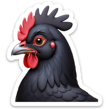 Cinematic Noble Black Chicken Portrait Emoji, Poised and regal, with a compact, sturdy build and a glossy, well-groomed pure black plumage, deep-set soulful beady eyes, Simplified yet sharp and sophisticated features, highly detailed, glowing with a soft, dignified glow, high shine, intelligent and alert, stylized with an air of mysterious elegance, focused and attentive, soft glowing outline, capturing the essence of a watchful and confident fowl, so majestic it feels as though it could strut out of the screen with effortless authority! sticker