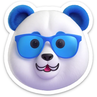 3D emoji of a playful and modern panda face inspired by classic panda emoji, with white and rich blue color scheme #002FA7 instead of black, wearing stylish white translucent designer glasses, smooth 3D finish sticker