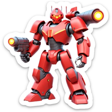 powerful battle robot, bulky armor, sharp edges, glowing red lights, large shoulder cannons, intimidating pose, 3D cartoon, mobile game icon style, clean background, no text, no watermark
 sticker