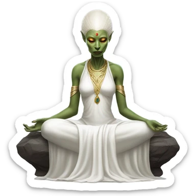 a Reptilian alien woman,in meditation, white dress like a priestess sticker
