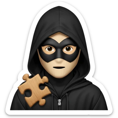 grayscale black mysterious masked hooded man with puzzle sticker