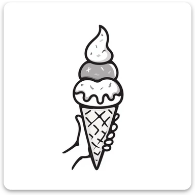 An ice cream cone with scoops of ice cream in pastel colors (dd9fb0, ffc6d3, a3bfc9, c4bee2, f1b091), hand-drawn doodle style sticker
