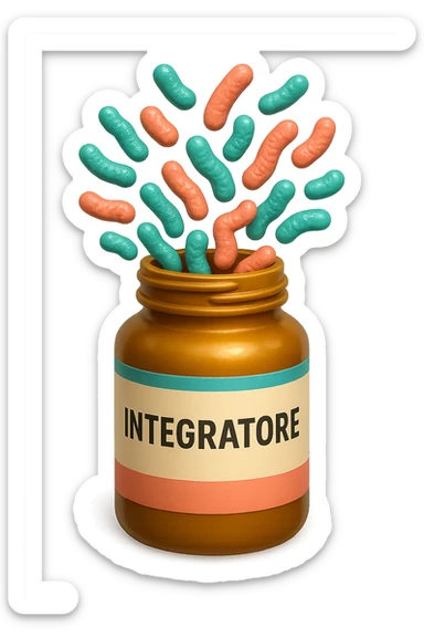 EMOJI STILE IPHONE DI boccetta di integratore con la scritta "INTEGRATORE" SULL'ETICHETTA, con batteri intestinali turchesi e rosa salmone che escono, IPERREALISTICO 4K sticker