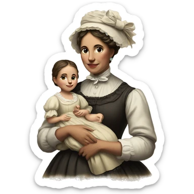 A 19th century woman with a child in her arms. There is a big letter "A" on the dress sticker