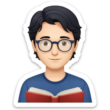 Young caucasian man with slightly longer wavy black hair, round glasses, dark blue shirt, holding a theater program sticker