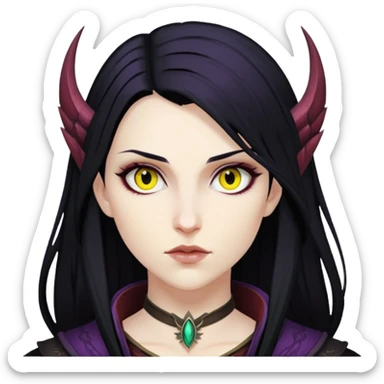 Morrigan from Dragon Age with long black hair and yellow eyes sticker