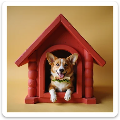 realistic red dog house with a Corgi dog inside, Corgi with a sandwich, photorealistic style sticker
