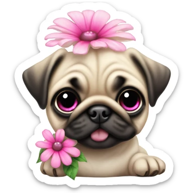 Baby pug playing with a flower pink eyes  sticker