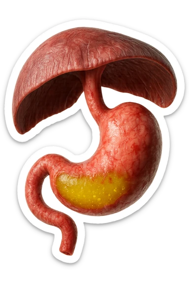 stomaco umano anatomico infiammato con acido giallo all'interno fluttua in aria insieme ad un diaframma umano, iperrealistico 4k, isolato su sfondo bianco sticker
