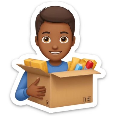 Generate a realistic emoji-style icon of the a person clever packing a package. That he´s clever by packing a box has to be easily noticed. sticker