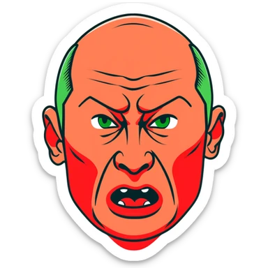 Vladimir Putin face in profile, looking sideways, screaming with intense anger, red face, furious expression sticker