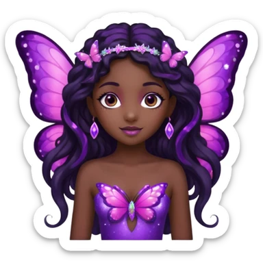 Black girl fairy with long wavy black hair, pink and purple red butterfly wings sparkly sticker