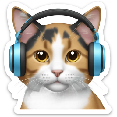 calico cat wearing light blue headphone sticker