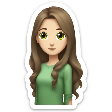 small anime girl with brown hair, light brown skin, big green eyes, long brown hair, brown skin, green eyes sticker