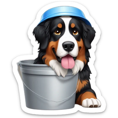 Bernese mountain dog with a plastic bucket on his head sticker
