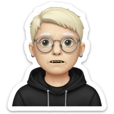 Chico moreno zombie, con gafas y sudadera negra, dos aretes en la oreja izquierda y dos en la derecha, ojeras en los ojos y sticker