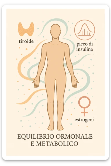 Il corpo è circondato da simboli delicati e bilanciati che rappresentano equilibrio ormonale e metabolico: piccoli cerchi, flussi energetici colorati, simboli stilizzati di tiroide, picco insulina, estrogeni. 4k immagine in italiano sticker